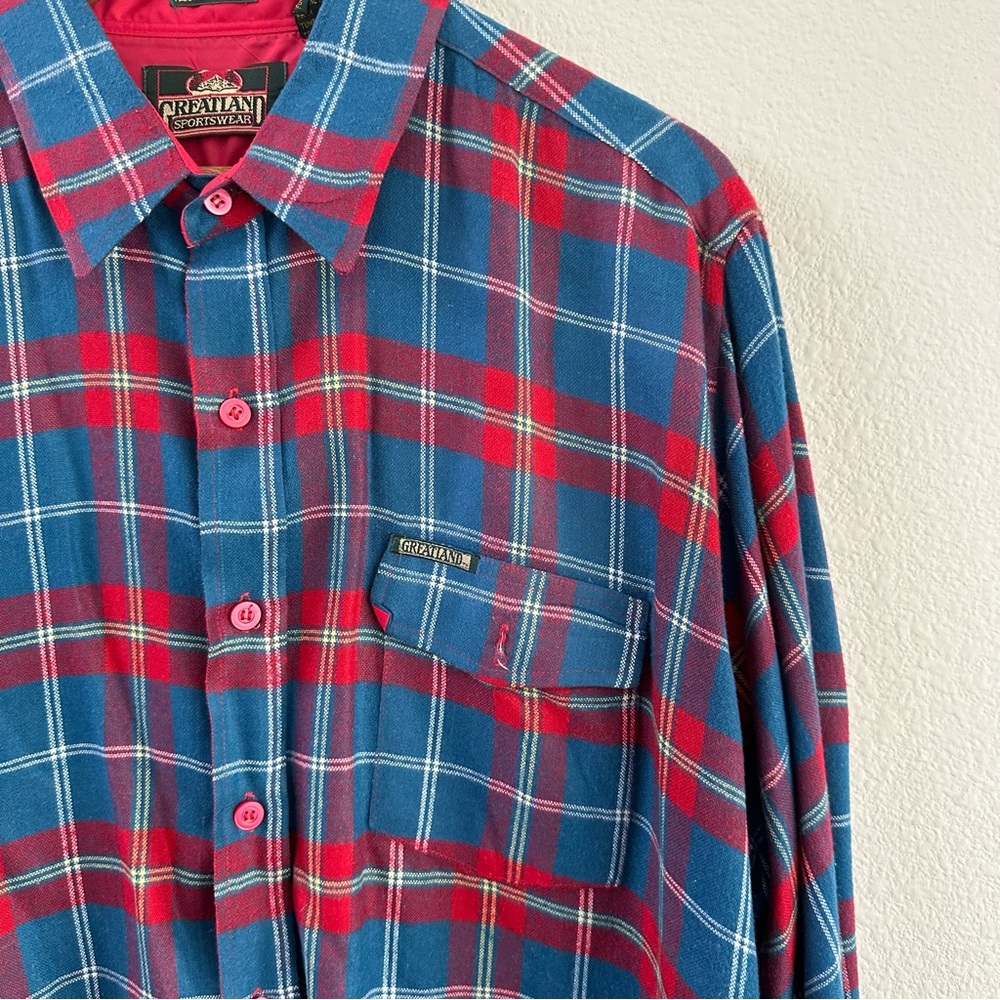 Vintage Greatland Sportswear Red Blue Plaid Button Up Shirt Size XL